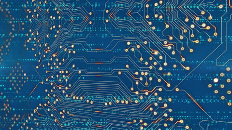 Intricate Network of Integrated Circuit Lines with Blue Dots