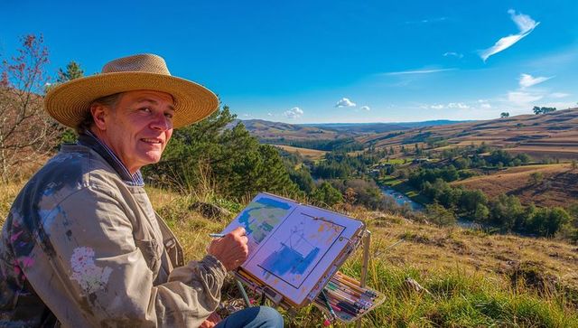 Plein air artist painting scenic river valley from hillside with easel and palette