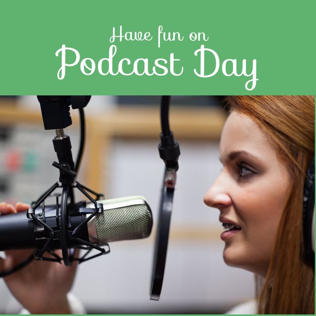 Young woman recording podcast in professional studio. This stock photo captures the enthusiasm and creativity involved in podcasting. Ideal for promoting podcast events, online courses on audio production, and marketing materials for podcast platforms.