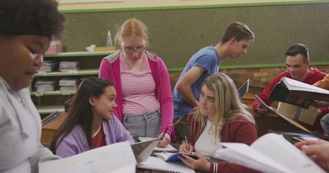 Diverse High School Students Collaborating in Classroom