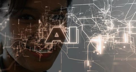 Smiling woman interacting with ai holographic interface and glowing neural network overlay