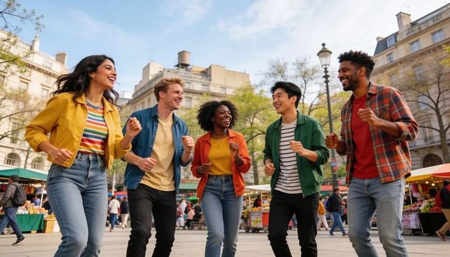 Smiling friends dancing in sync through busy urban market plaza wearing colorful jackets
