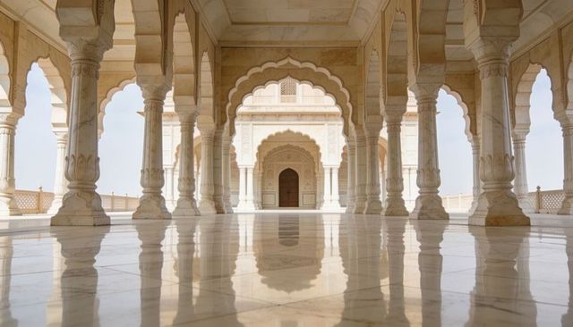 Sunlit marble pavilion colonnade with scalloped arches, carved columns and reflections