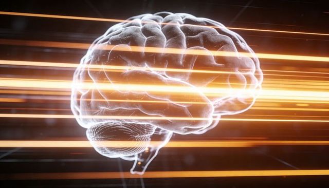 Rotating glowing wireframe brain with streaking orange data streams and holographic glow