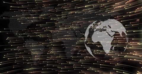 Digital world map with streaks of data and transparent globe overlay