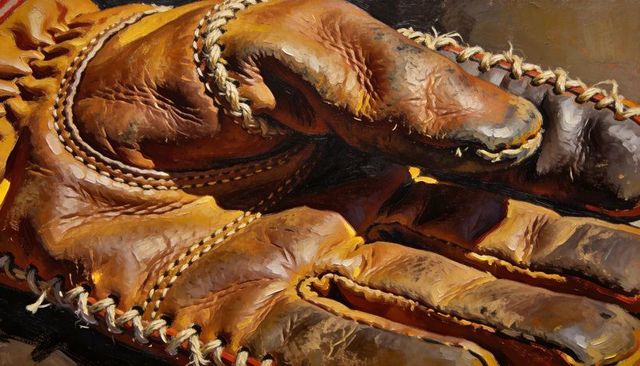 Displaying worn brown leather baseball glove with braided laces, rich patina, closeup mitt