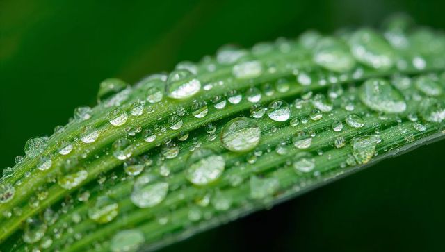 Macro of dew-covered grass blade glistening with water droplets and fine veins