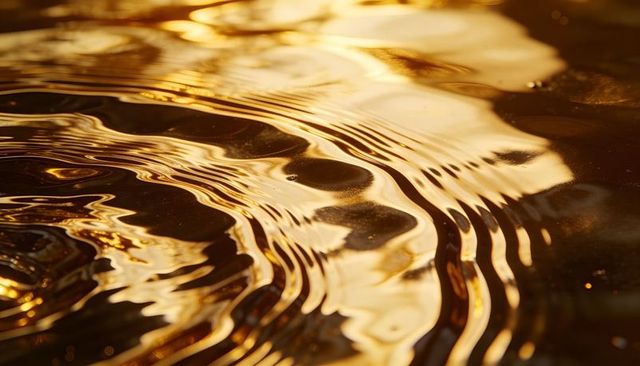 Golden rippling water abstract texture with shimmering bronze reflection