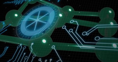 Futuristic HUD Rotating Over Circuit Grid with Glowing Nodes and Network Traces