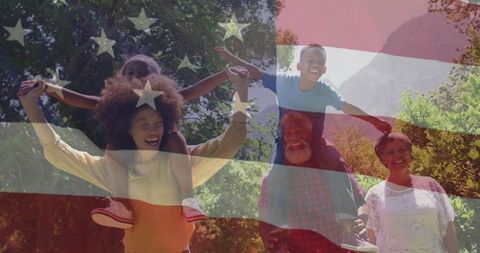 Happy Multigenerational Family Bonding in Nature with American Flag Overlay