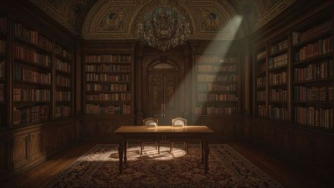 Historic Library Room with Sunlit Table and Vintage Chandelier