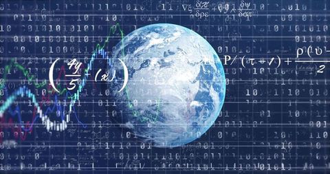 Global data visualization with rotating earth, binary code, analytics charts and equations
