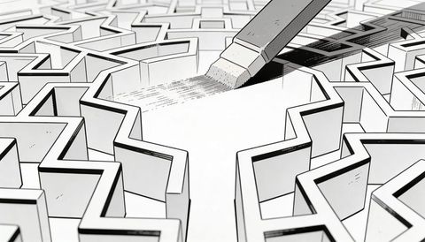 Erasing maze path with chisel eraser creating clear corridor through angular labyrinth