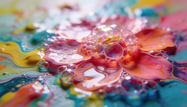 Iridescent soap bubbles over vivid marbled paint, macro color texture