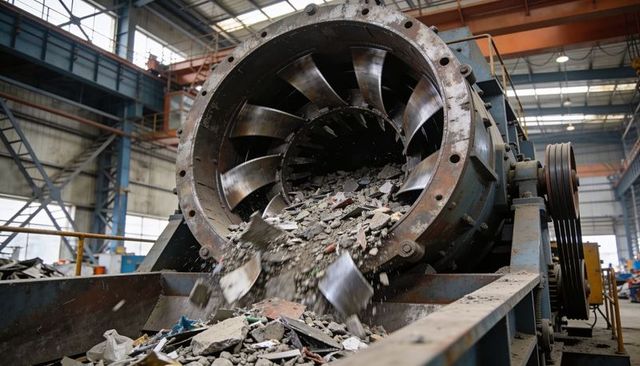 Rotating drum crusher unloading concrete rubble and debris in industrial recycling plant