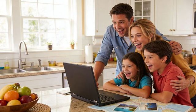 Family planning holiday trip on laptop in sunlit modern kitchen with maps and postcards