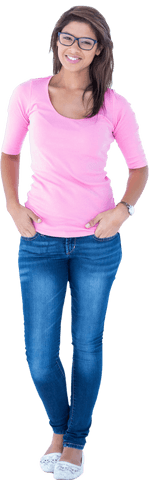 young woman wearing pink t-shirt and jeans on a transparent background, smiling confidently while posing with hands in her pockets. ideal for promoting casual clothing brands, lifestyle columns, or social media posts about fashion.