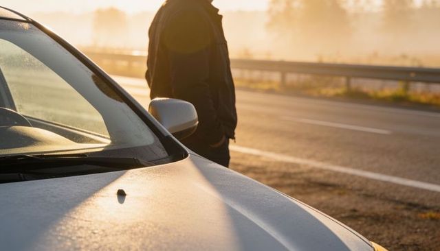Silver car catching golden sunrise light at roadside, standing man silhouette, dewy hood
