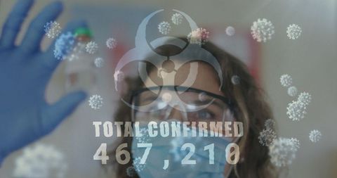 Scientist Analyzing Virus Data with Biohazard Overlay