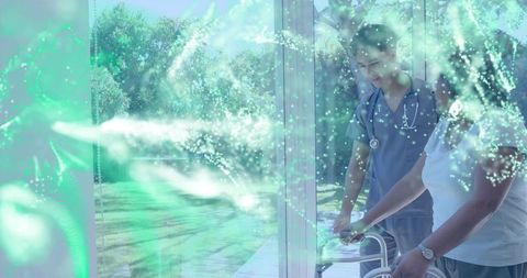 Caregiver Guiding Senior Woman with Walker by Glass Door with Green Wellness Data Overlay