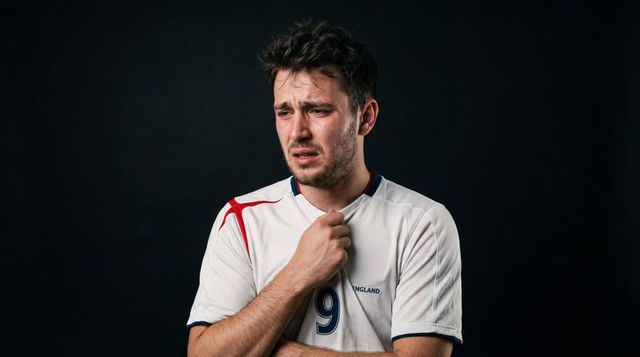 Distressed england football fan clutching number 9 jersey expressing heartbreak