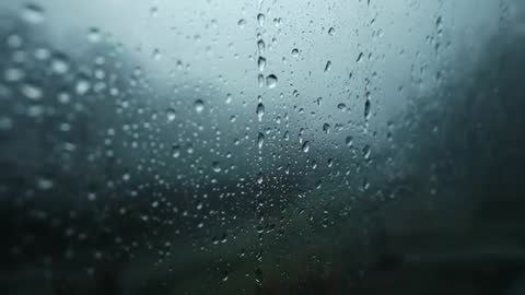 Raindrops Creating Rivulets on Glass Window During Rainfall