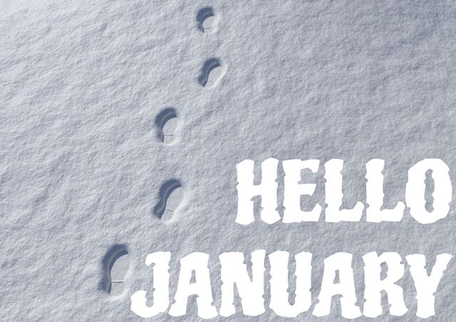 Footprints in fresh, undisturbed snow with 'Hello January' text written in bold letters. Ideal for celebrating the new year, winter-themed promotions, and social media posts to mark the beginning of January.