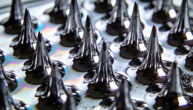 Glossy ferrofluid spikes forming reflective conical pattern on iridescent surface