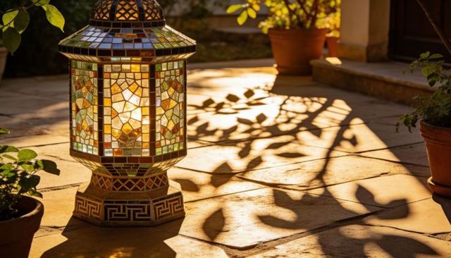 Artisan mosaic lantern casting intricate leaf shadows on sunlit tiled stone patio
