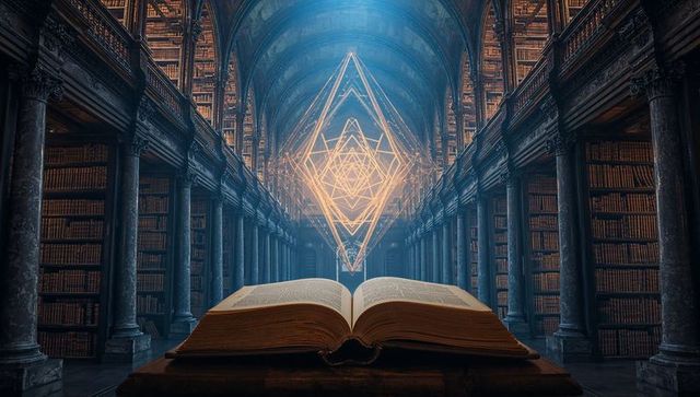 Ancient book and radiant geometric shape in historic library