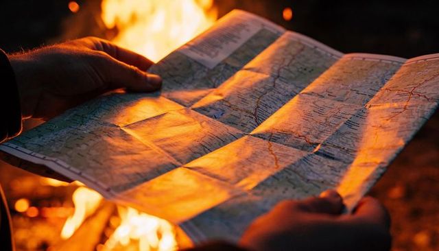 Hands holding folded road map glowing from campfire light for night navigation