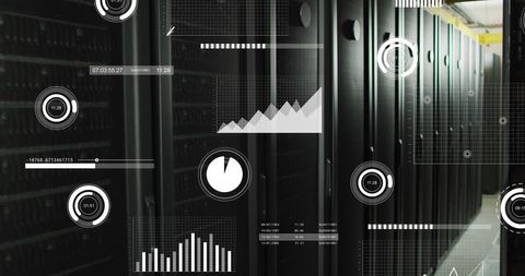 Digital interfaces and data graphs on servers in data center