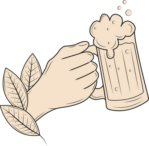 Flat vector hand holding frothy beer mug with botanical theme