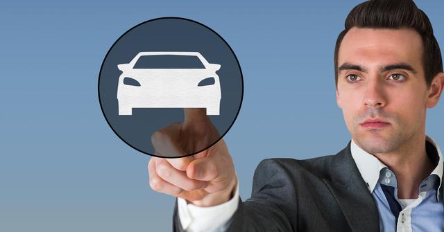 Digital composition of businessman pretending to touch car icon against blue background
