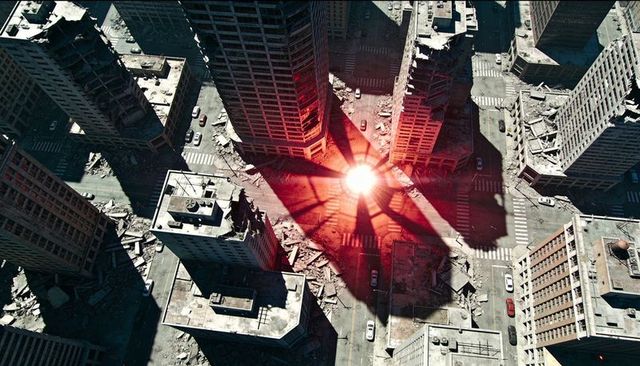 Aerial postapocalyptic downtown with red-white energy beam striking central intersection