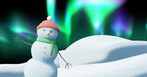Festive snowman with aurora borealis display in background