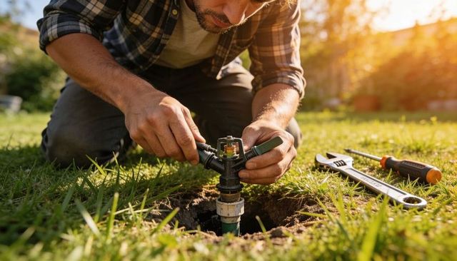 Adjusting pop-up sprinkler head on backyard lawn during golden hour for home irrigation maintenance