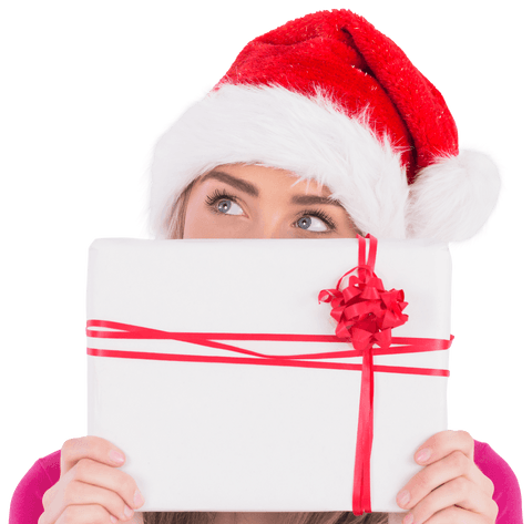 Woman Wearing Santa Hat Holding Transparent Wrapped Christmas Gift