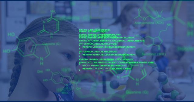 Young girl in school classroom, focused on science learning with molecular models and a digital interface overlay. Ideal for use in educational content, STEM promotional materials, school curriculum guides, and online learning platforms.