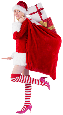 Festive Blonde Woman with Transparent Sack of Christmas Presents