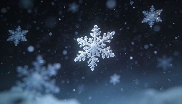 Floating crystal snowflake in night sky macro with frosty detail and sixfold symmetry