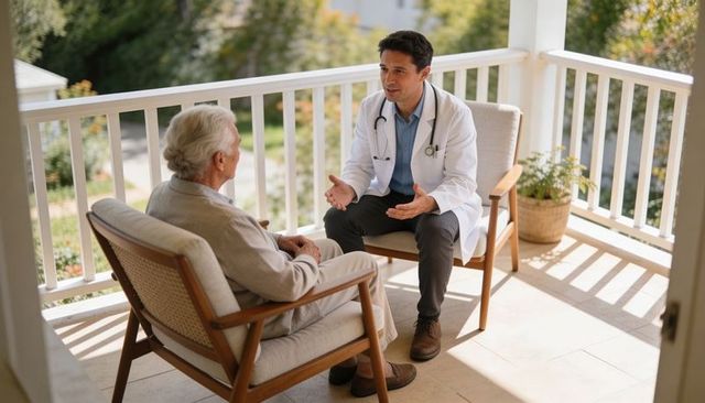 Doctor delivering compassionate home visit consultation with senior on sunlit porch
