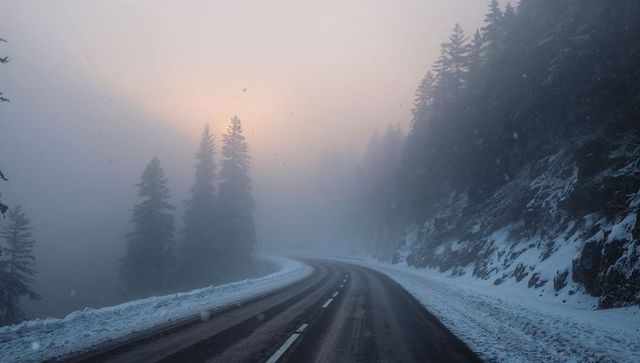 Winding mountain road cutting through snowy pine forest at misty sunrise, winter highway