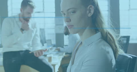 Caucasian Woman in Office with Data Processing Animation Overlay