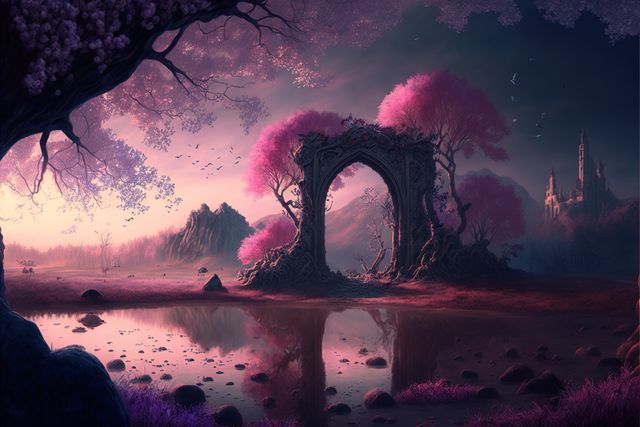 Depicts a mystical fantasy landscape with pink trees, a ruined archway, and a serene body of water reflecting the scene. Distant mountains and a castle under a twilight sky add to the magical ambiance. Suitable for use in fantasy art, story illustrations, book covers, wallpapers, video games, and digital art projects.