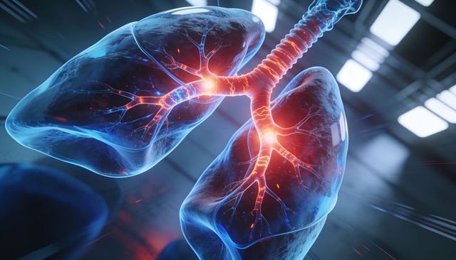 Translucent blue lungs with illuminated bronchi and trachea, futuristic 3d medical render