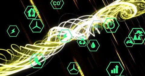 Eco energy symbols with vibrant wavy lights on black