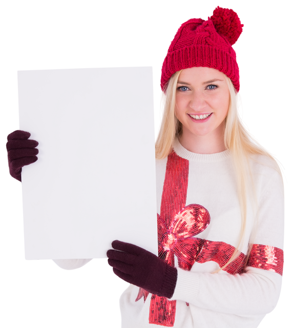 Cheerful Young Woman in Festive Sweater Holding Transparent Blank Banner - Download Free Stock Videos Pikwizard.com