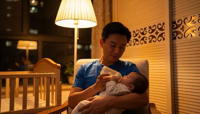 Nighttime father feeding newborn with bottle in cozy nursery, tender bonding moment