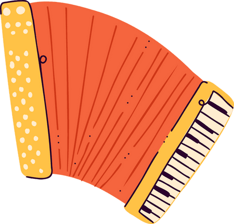 Cartoon accordion with red bellows on transparent background